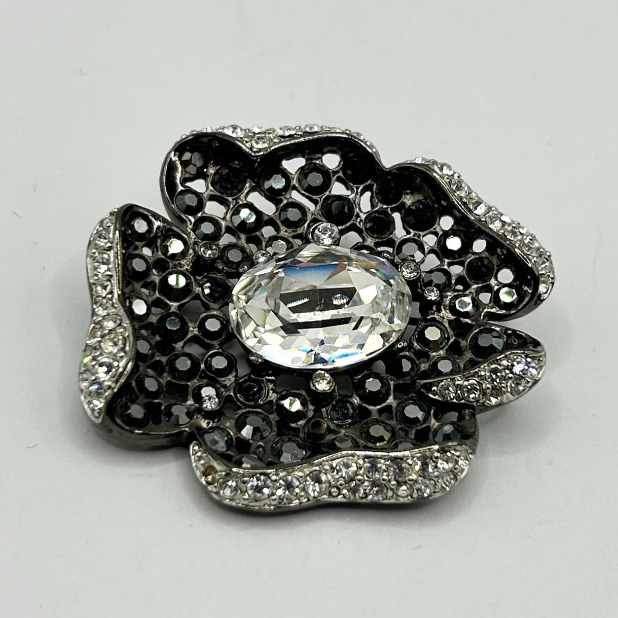 Kenneth Jay Lane KJL Gunmetal & Clear Crystal Flower Pin Brooch