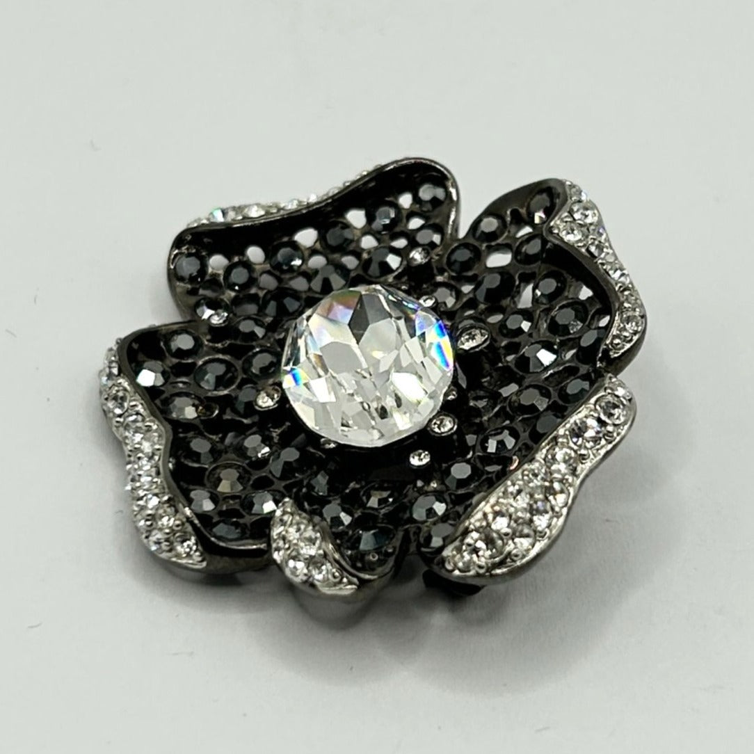 Kenneth Jay Lane KJL Gunmetal & Clear Crystal Flower Pin Brooch