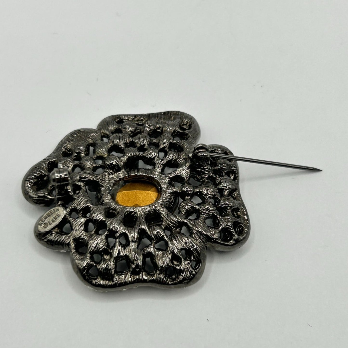 Kenneth Jay Lane KJL Gunmetal & Clear Crystal Flower Pin Brooch