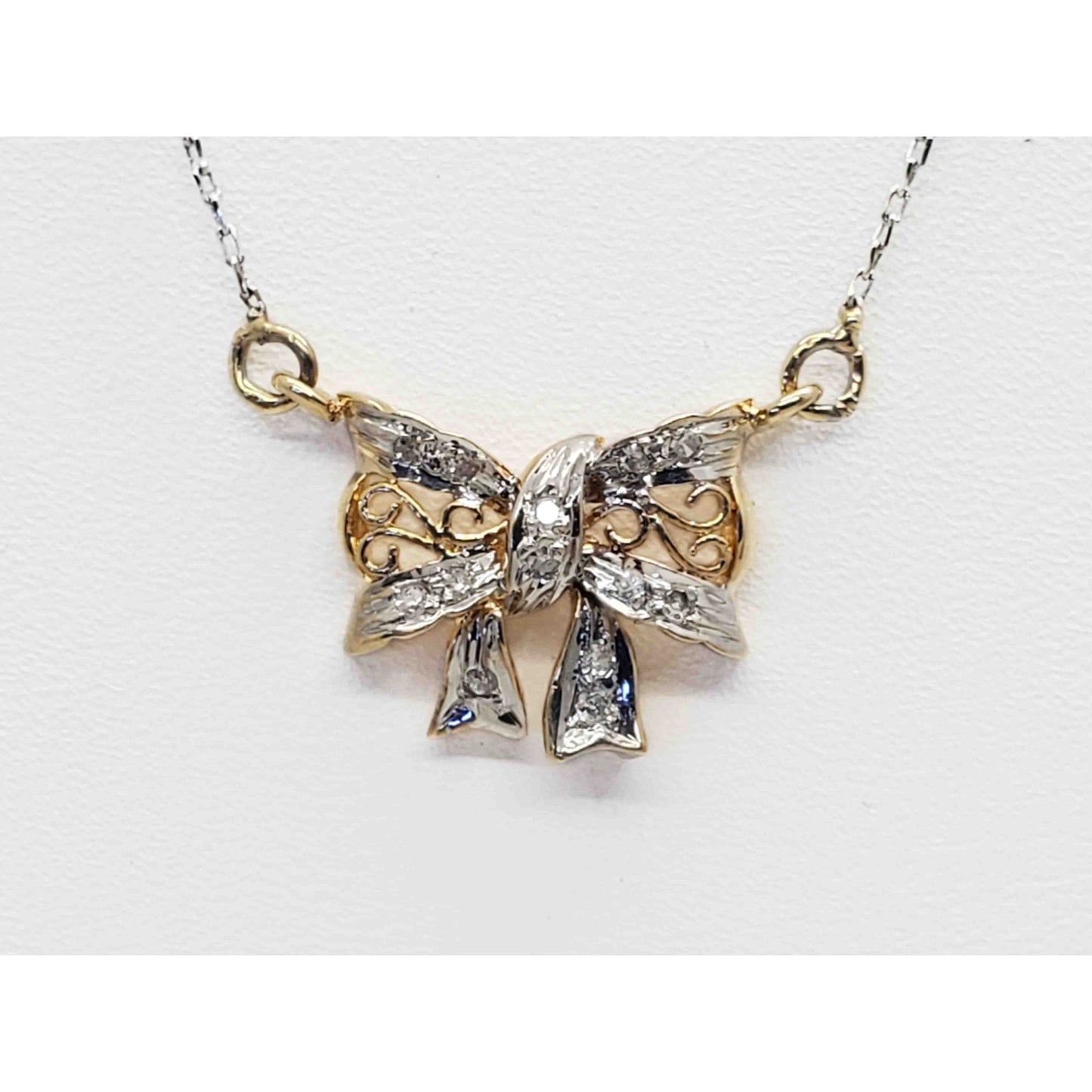 Diamond Filigree Bow Ribbon Pendant Chain Necklace 14k Yellow & White Gold