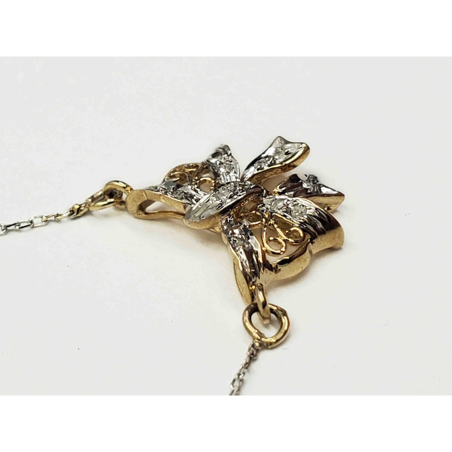 Diamond Filigree Bow Ribbon Pendant Chain Necklace 14k Yellow & White Gold