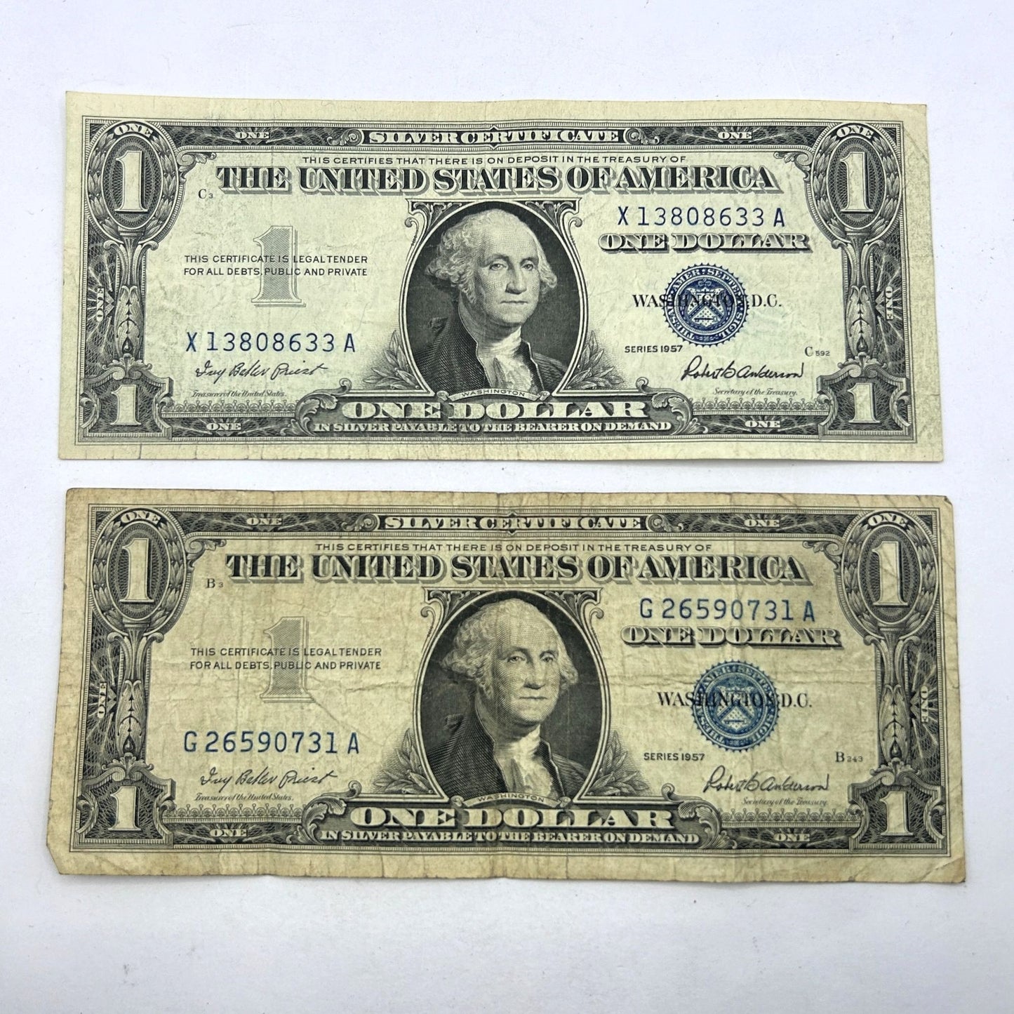 LOT of 8 1953-1957 $1 Bills, Blue Seal, Circulated Banknotes