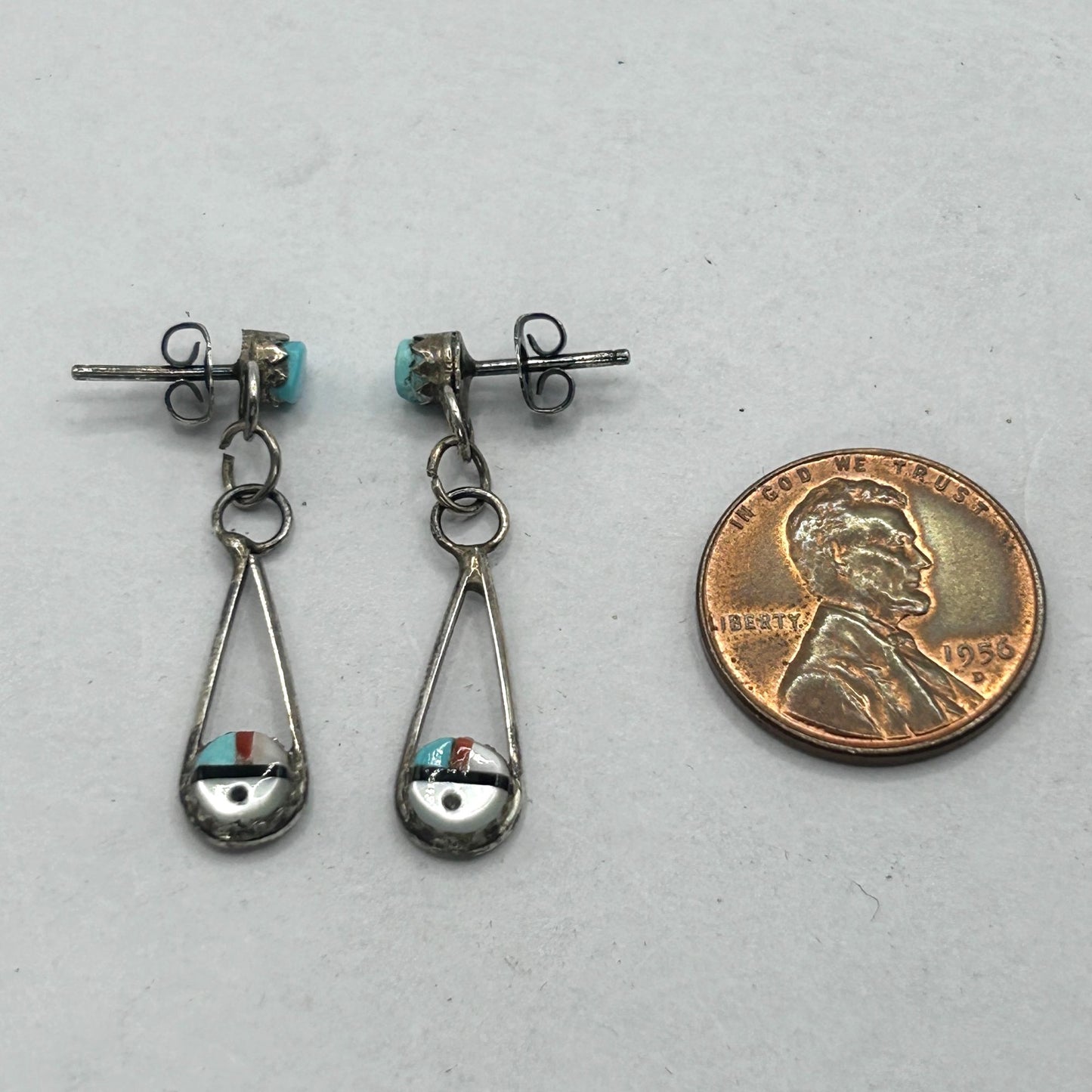 Traditional Zuni Sun Face Multi-Stone 925 Sterling Silver Dangle Earrings