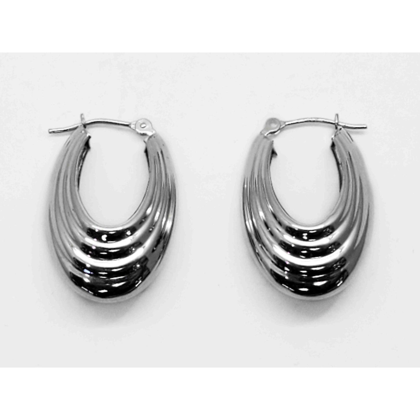 Ridged Oval Hoop Drop Earrings 14k White Gold JCM