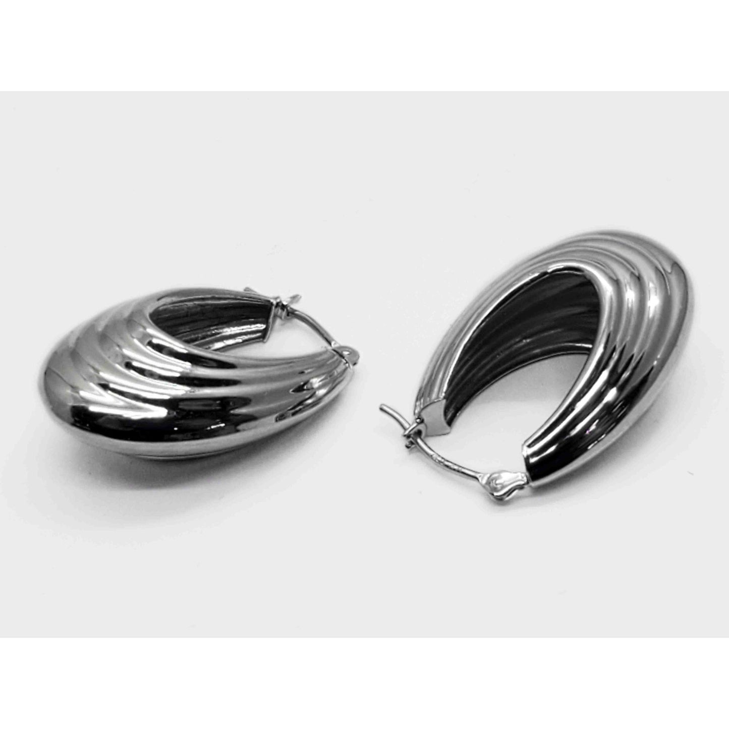 Ridged Oval Hoop Drop Earrings 14k White Gold JCM