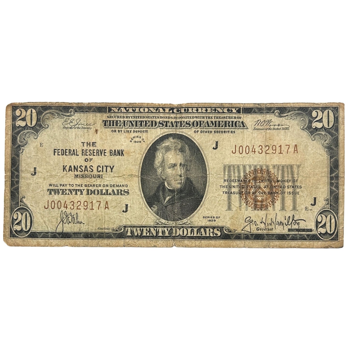 1929 $20 Twenty Dollars Banknote FRB of Kansas City Missouri with Brown Seal OC