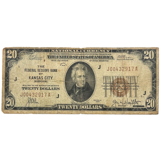 1929 $20 Twenty Dollars Banknote FRB of Kansas City Missouri with Brown Seal OC