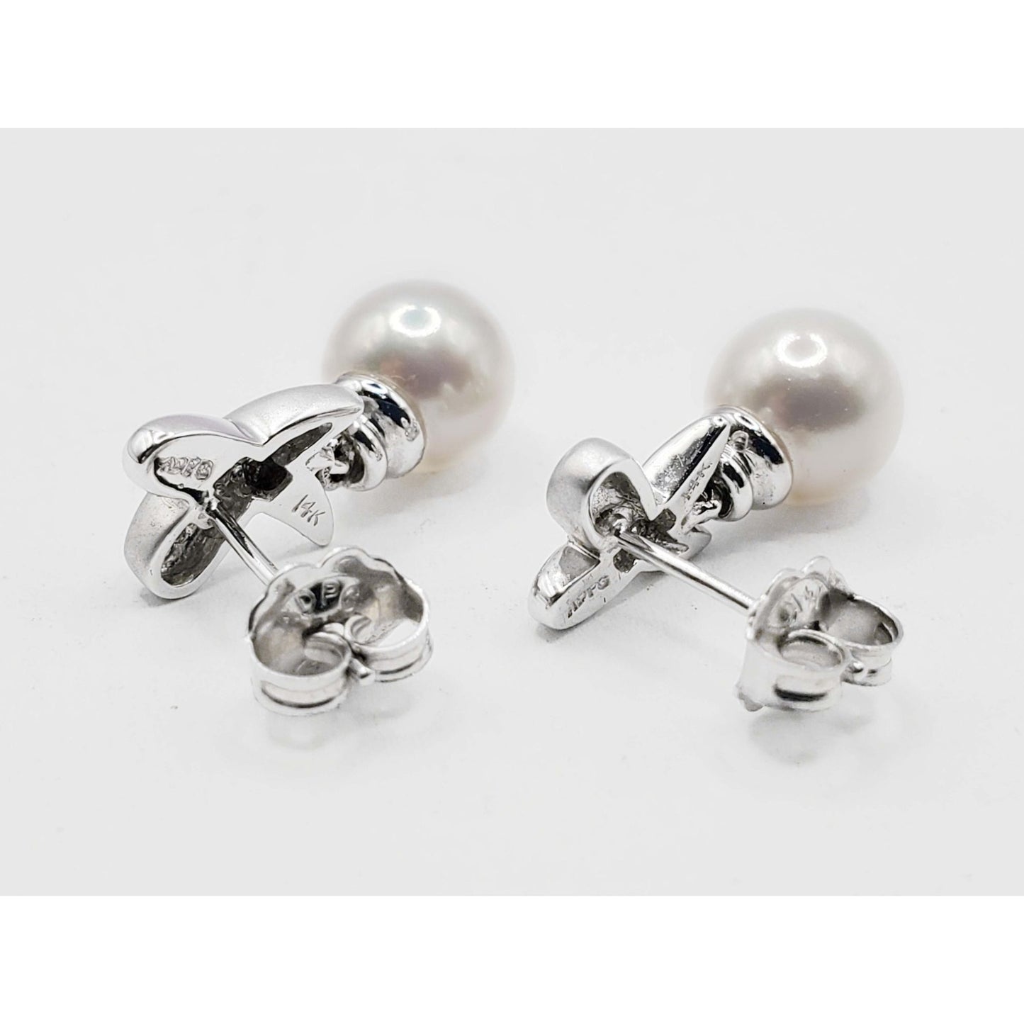 7mm Wide Pearl Bead & Diamond Accent X Drop Earrings 14k White Gold
