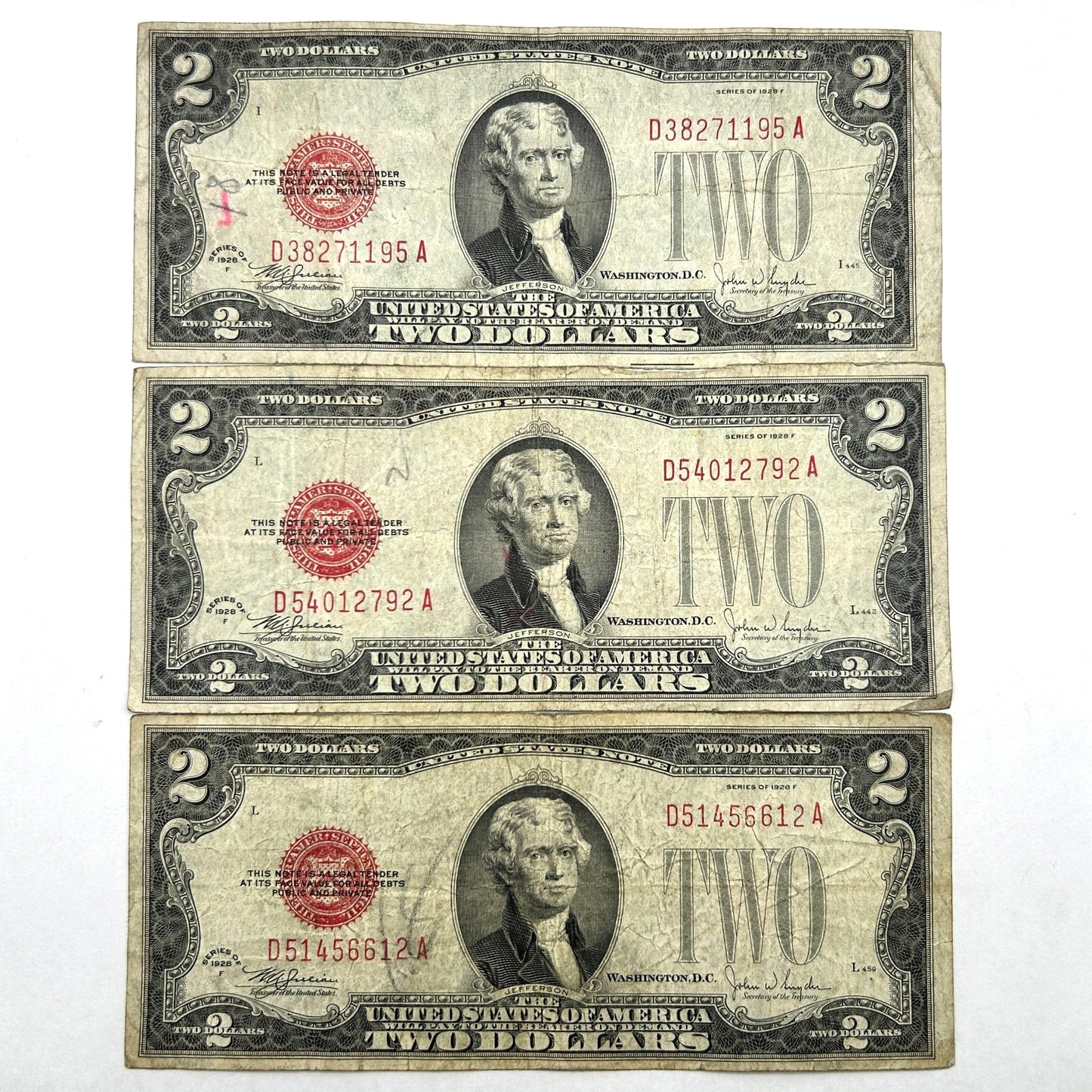 LOT OF 3 Series of 1928-F $2 Two Dollar Bill Red Seal United States Note