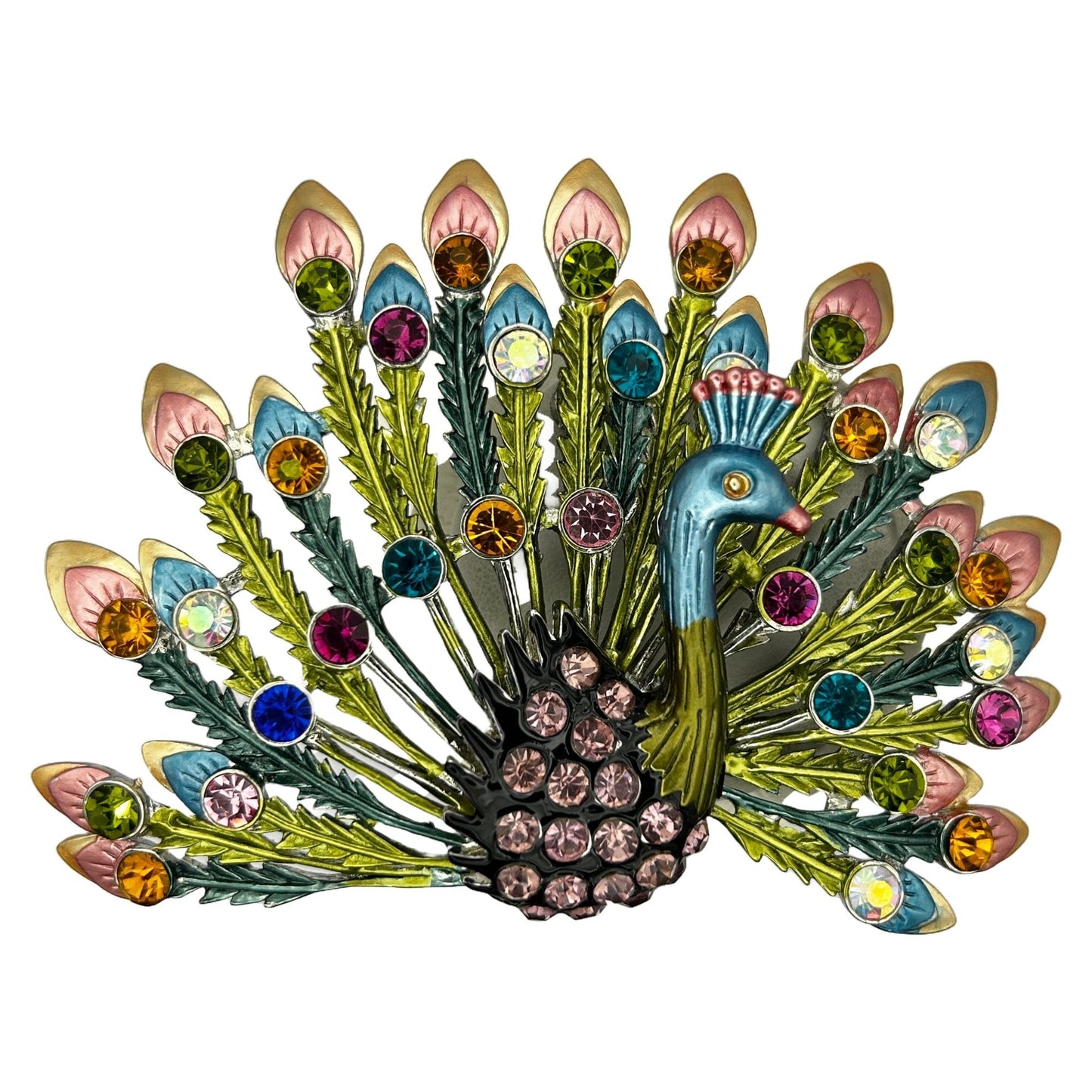 Princess Amanda Borghese Brooch Large Colorful Rhinestone Peacock w/Pendant Loop