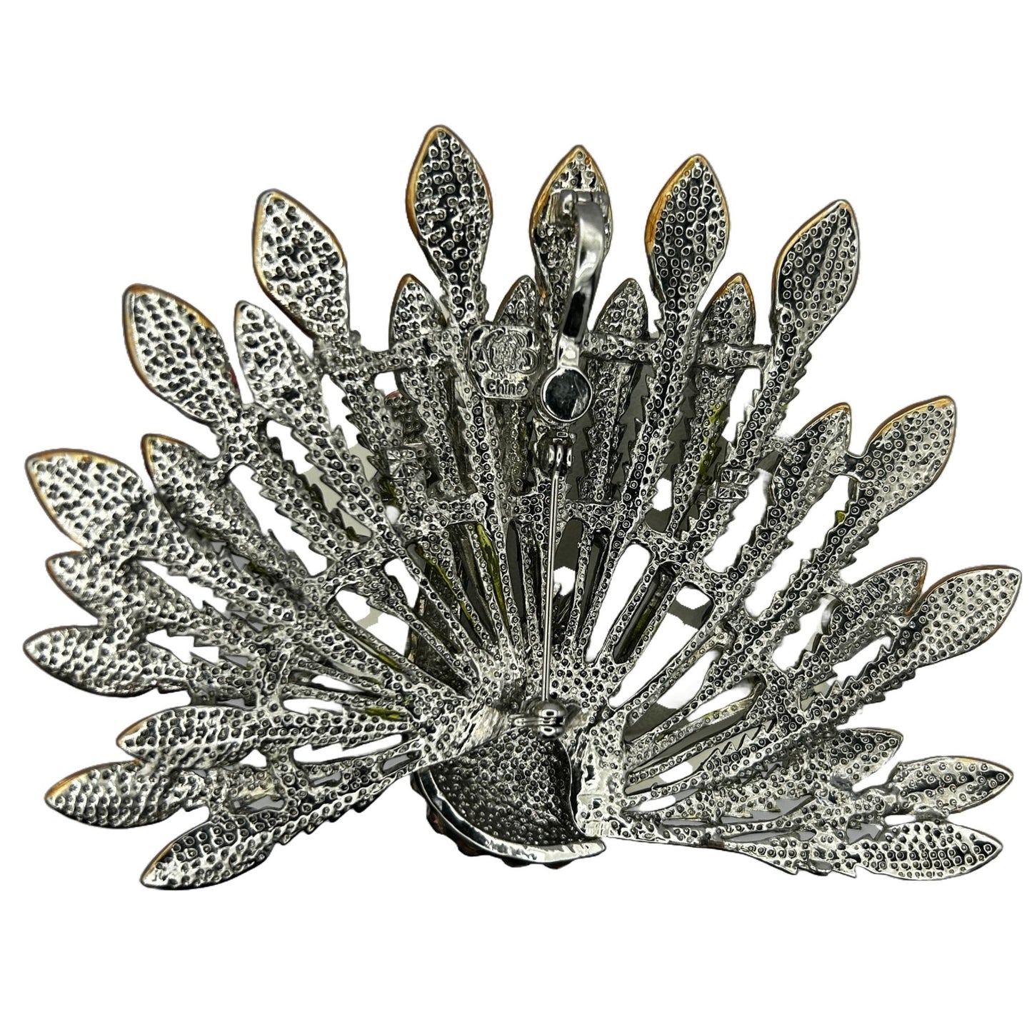 Princess Amanda Borghese Brooch Large Colorful Rhinestone Peacock w/Pendant Loop