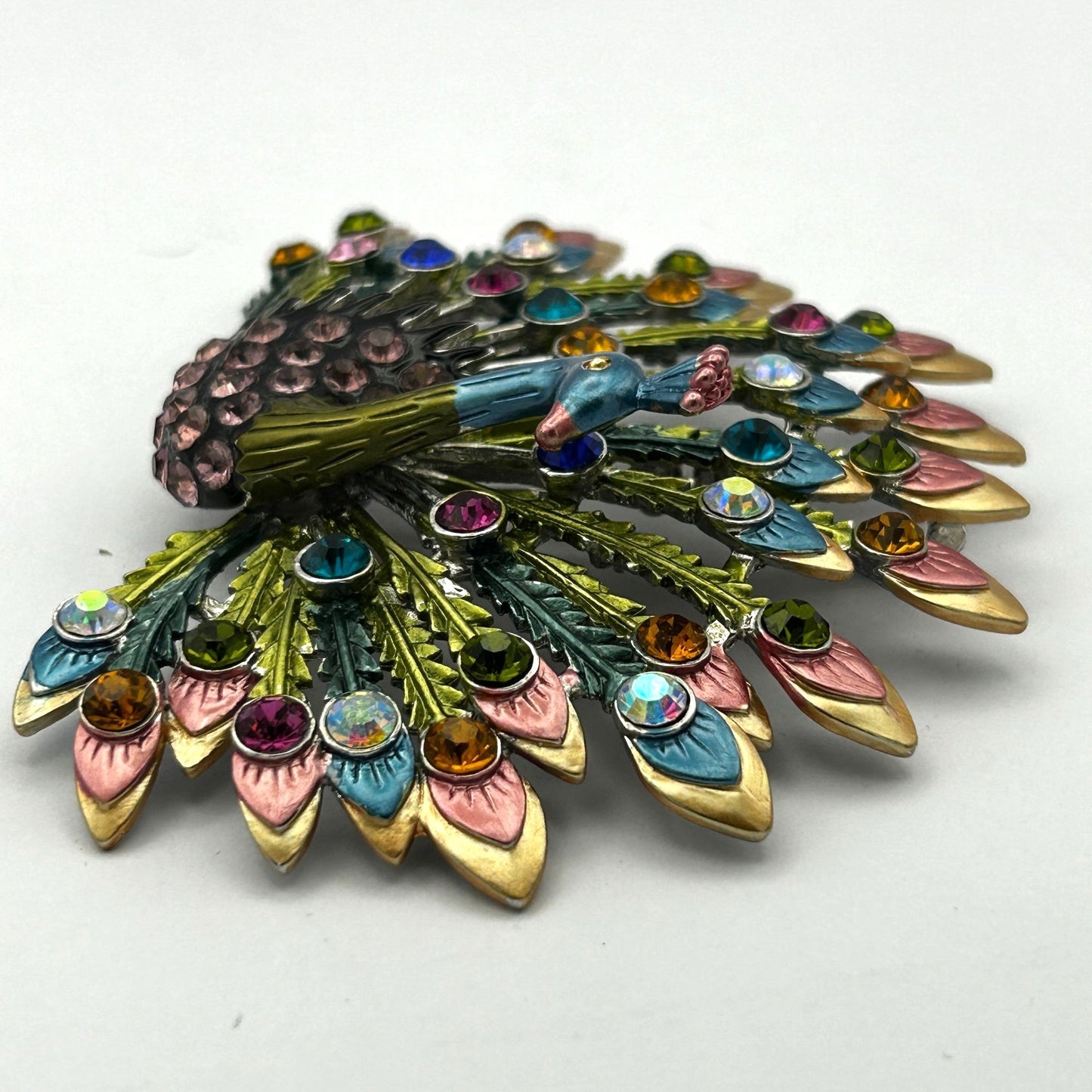Princess Amanda Borghese Brooch Large Colorful Rhinestone Peacock w/Pendant Loop