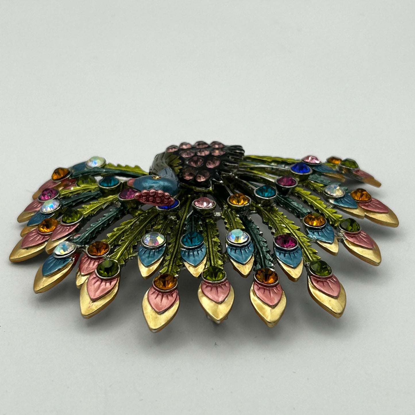 Princess Amanda Borghese Brooch Large Colorful Rhinestone Peacock w/Pendant Loop