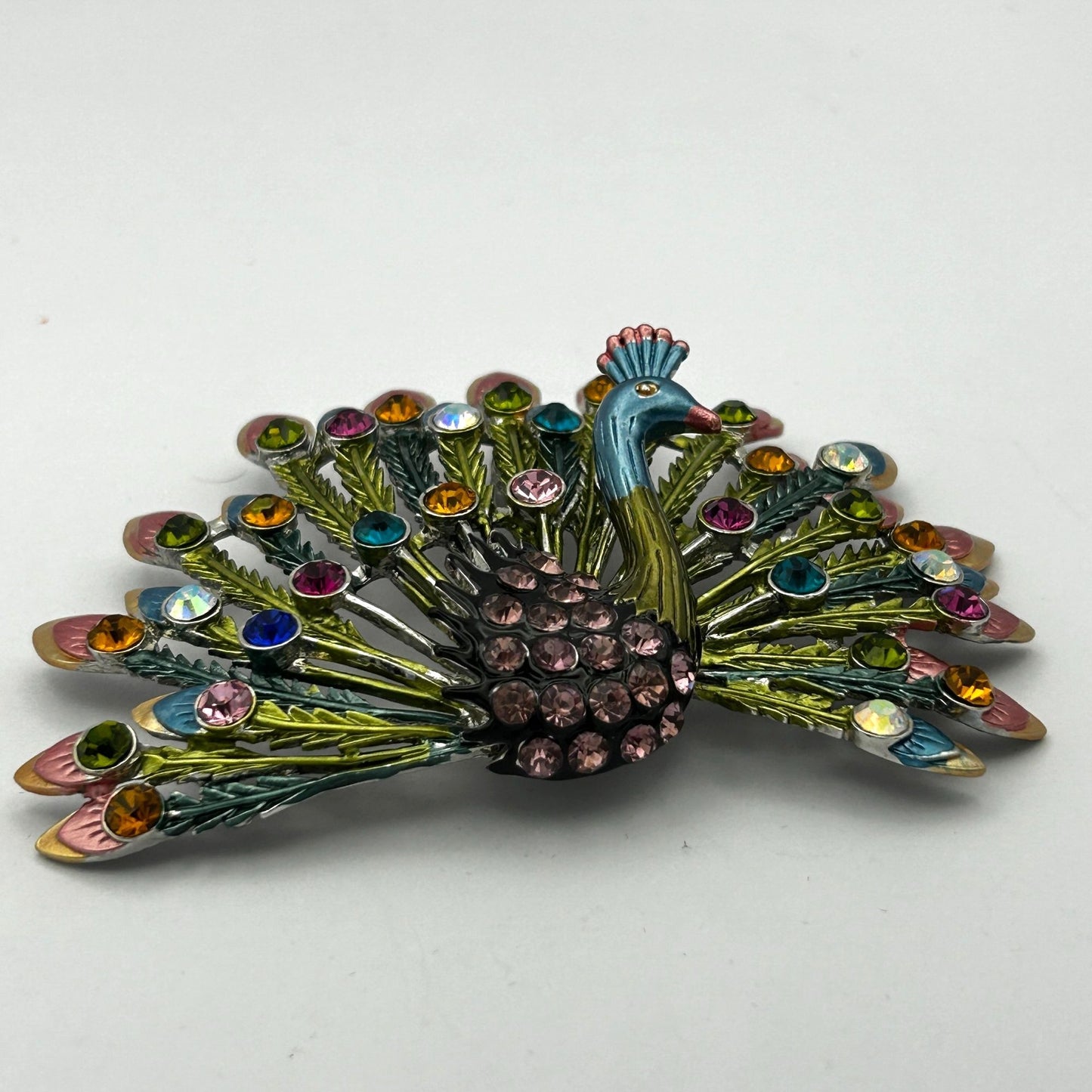 Princess Amanda Borghese Brooch Large Colorful Rhinestone Peacock w/Pendant Loop