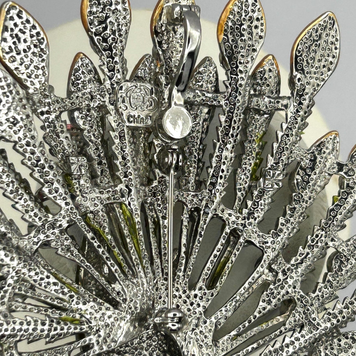 Princess Amanda Borghese Brooch Large Colorful Rhinestone Peacock w/Pendant Loop