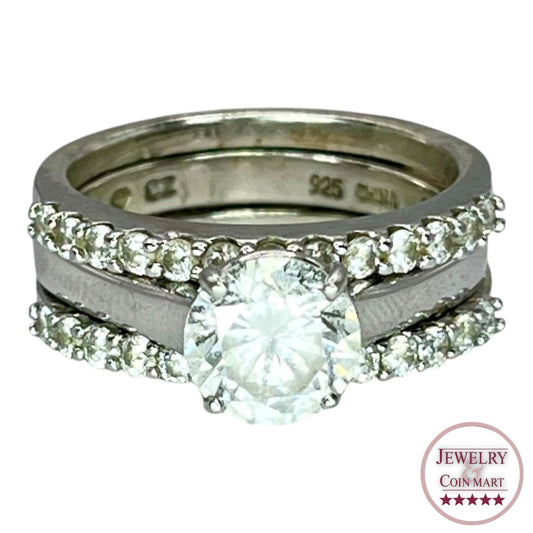 925 Silver Round Cut CZ Ring Size 6.75 Engagement Wedding Illusion Three Band