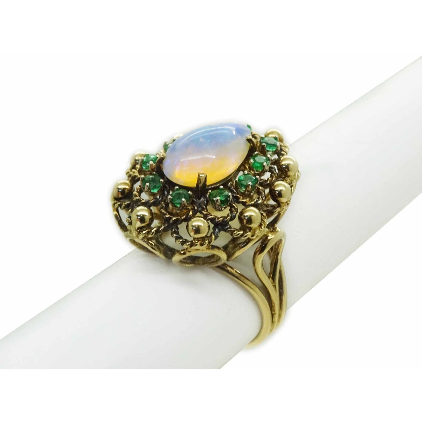 Vintage Natural Pear Jelly Opal & Emerald Halo Cocktail Ring 14k Gold Size 6.5