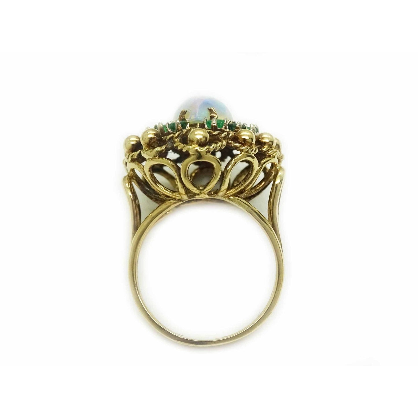 Vintage Natural Pear Jelly Opal & Emerald Halo Cocktail Ring 14k Gold Size 6.5