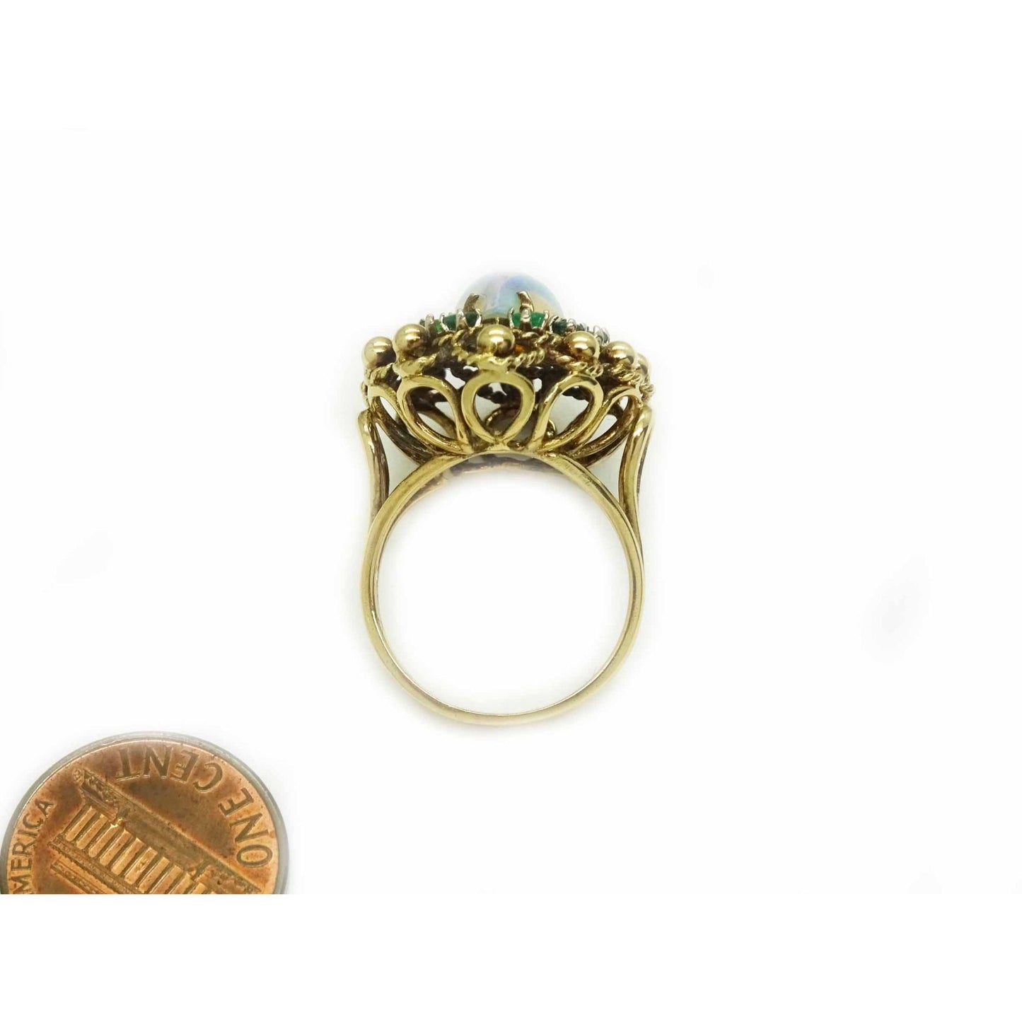 Vintage Natural Pear Jelly Opal & Emerald Halo Cocktail Ring 14k Gold Size 6.5