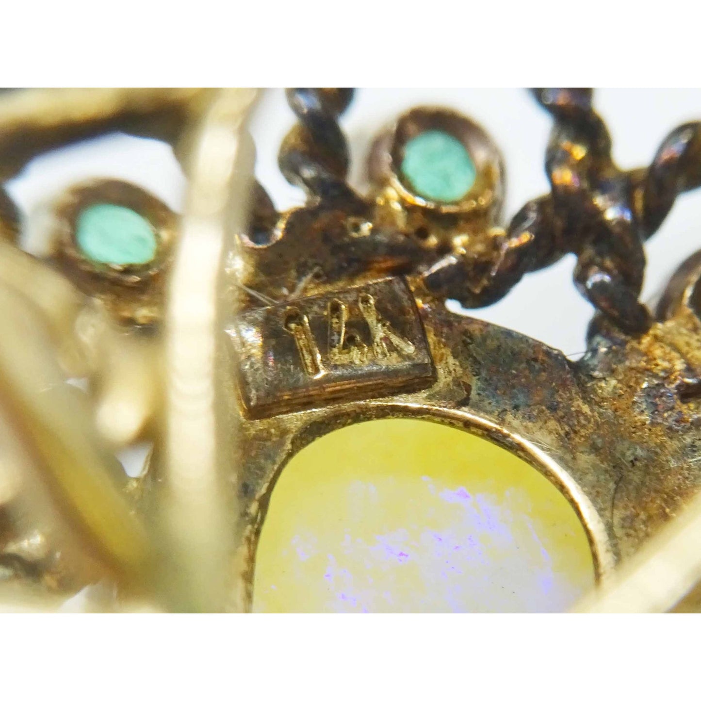Vintage Natural Pear Jelly Opal & Emerald Halo Cocktail Ring 14k Gold Size 6.5