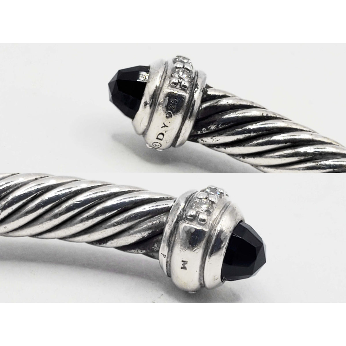 David Yurman Cable Flex Cuff Bracelet 4mm Onyx Diamond Sterling Silver Medium