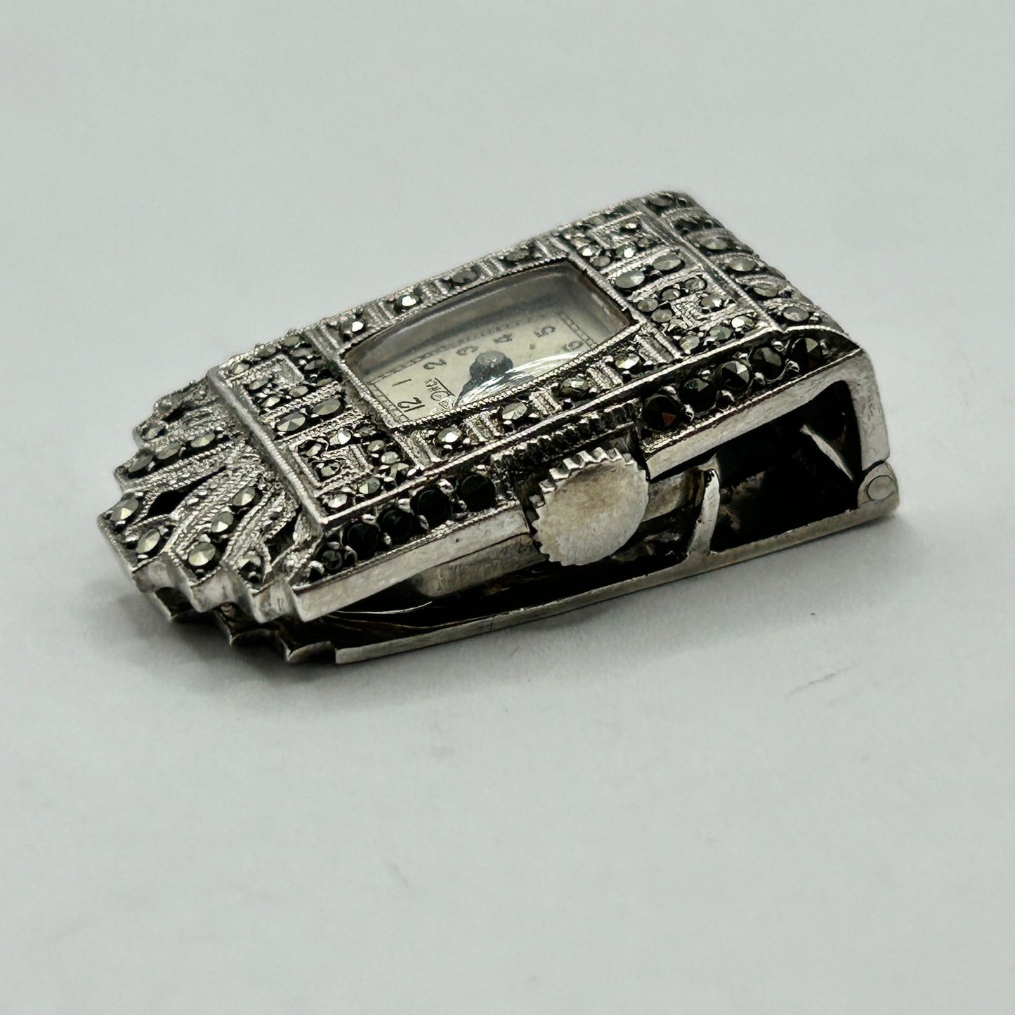 Antique Chronex Marcasite & 925 Sterling Silver Fur-Clip Watch - Windup Movement