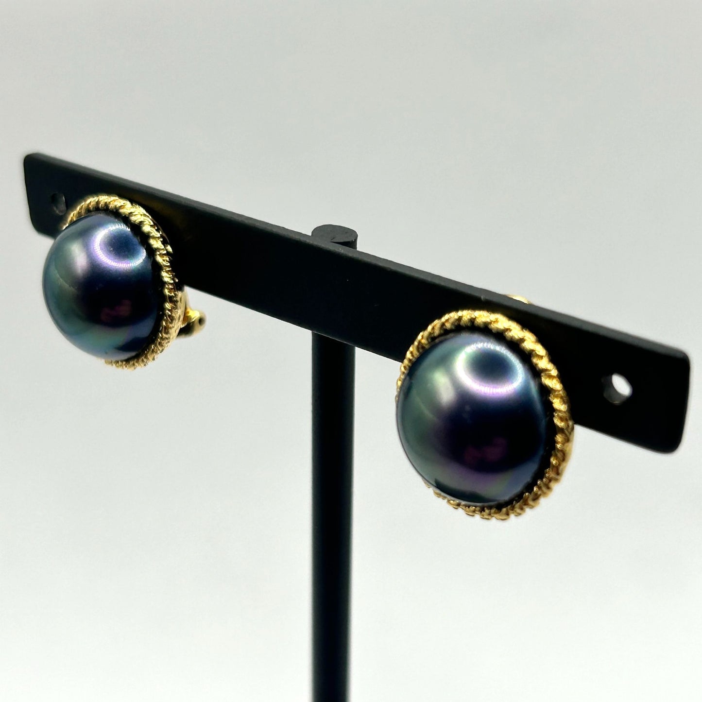 Majorica Euro-Clip Stud Earrings Purple Faux Pearl Round Gold Tone