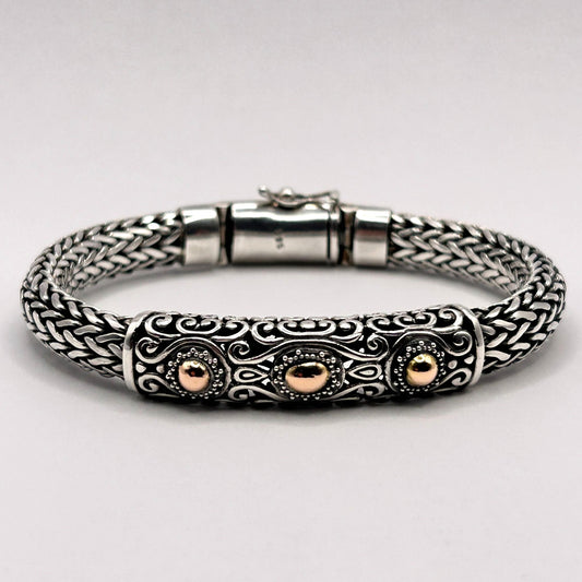 925 Sterling Silver Naga Chain Bracelet - Bali Engraving & Gold Tone Dots 68.5g