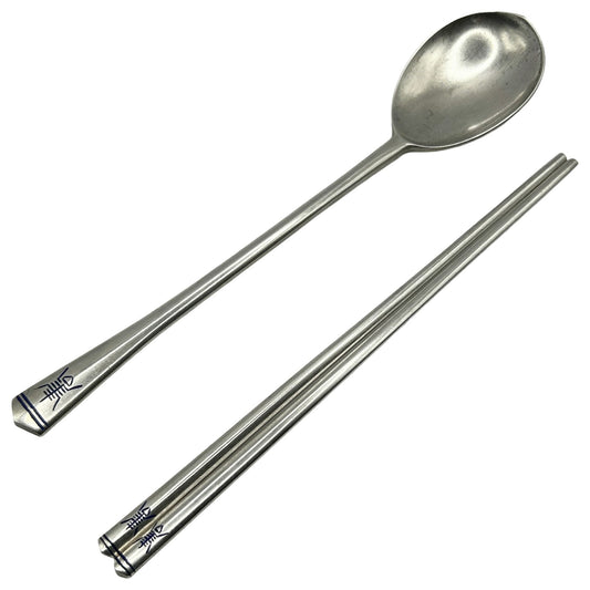 70% Silver Set of Blue Enamel Korean Chopsticks and Spoon