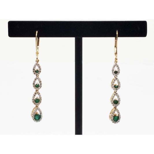 Natural Emerald & Diamond Dangle Earrings 14k Gold