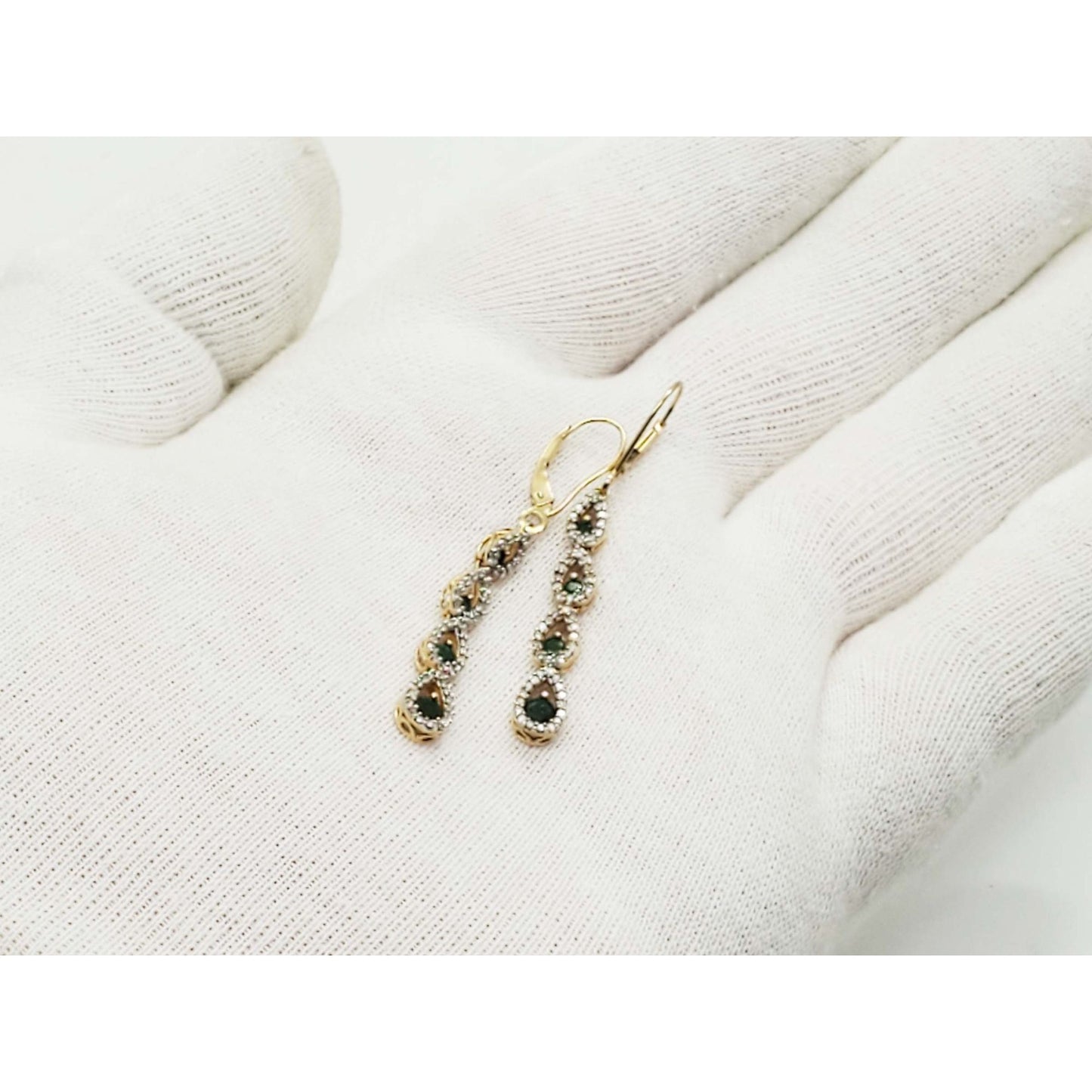 Natural Emerald & Diamond Dangle Earrings 14k Gold