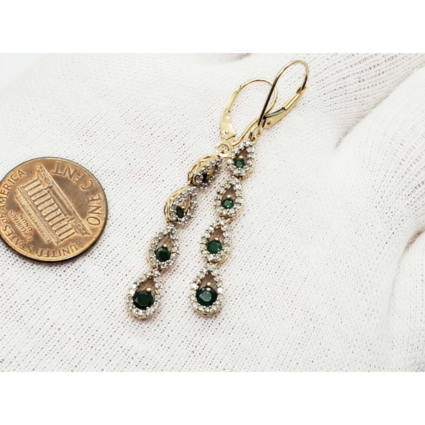 Natural Emerald & Diamond Dangle Earrings 14k Gold