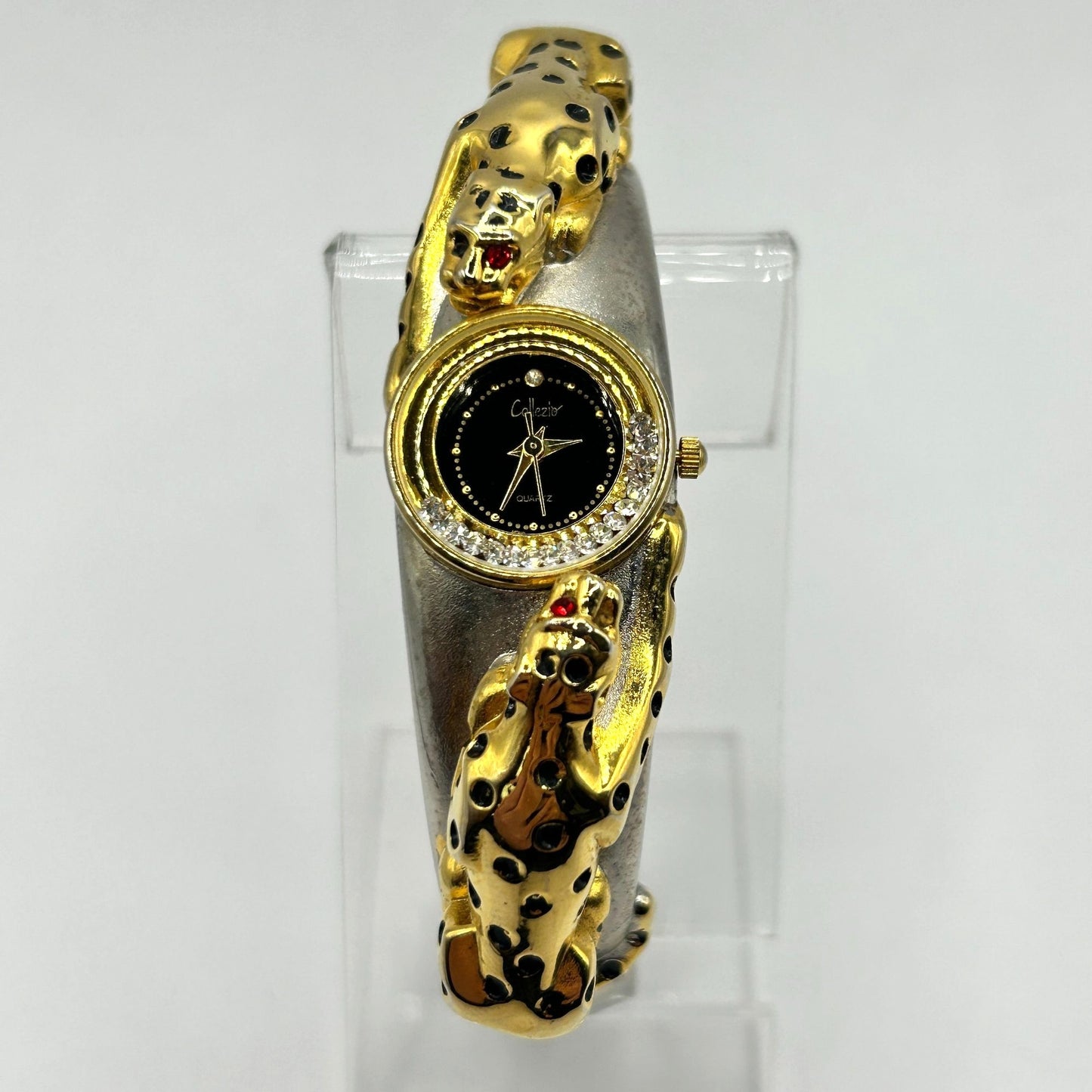 Vintage Collezio Rhinestone Leopard Cocktail Hinged Watch - WORKING