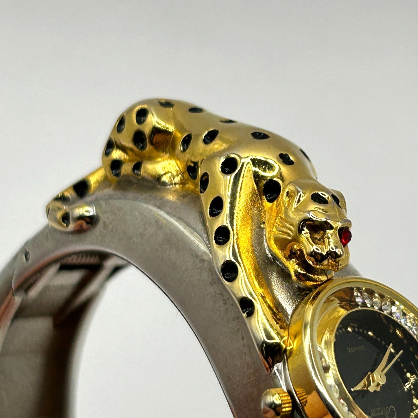 Vintage Collezio Rhinestone Leopard Cocktail Hinged Watch - WORKING