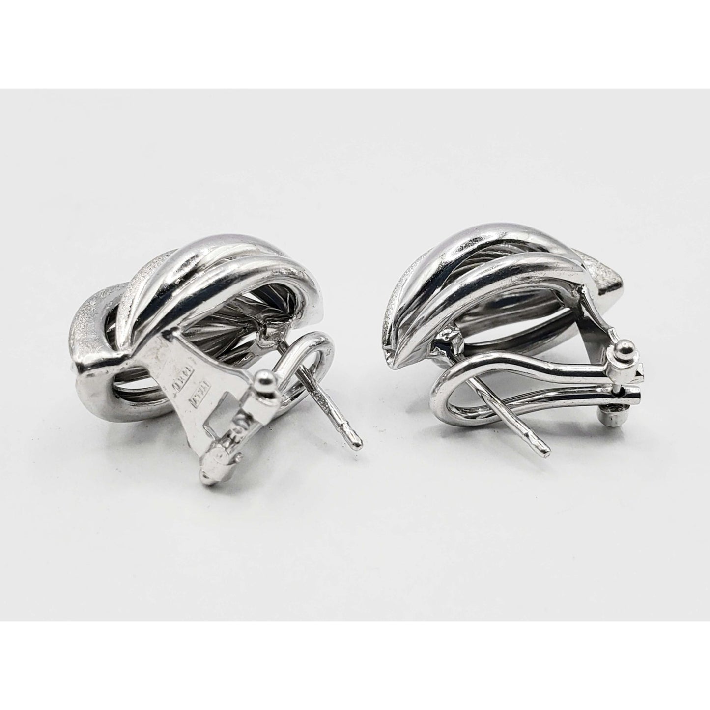 Italian Openwork Swirl Design Omega Earrings 14k White Gold