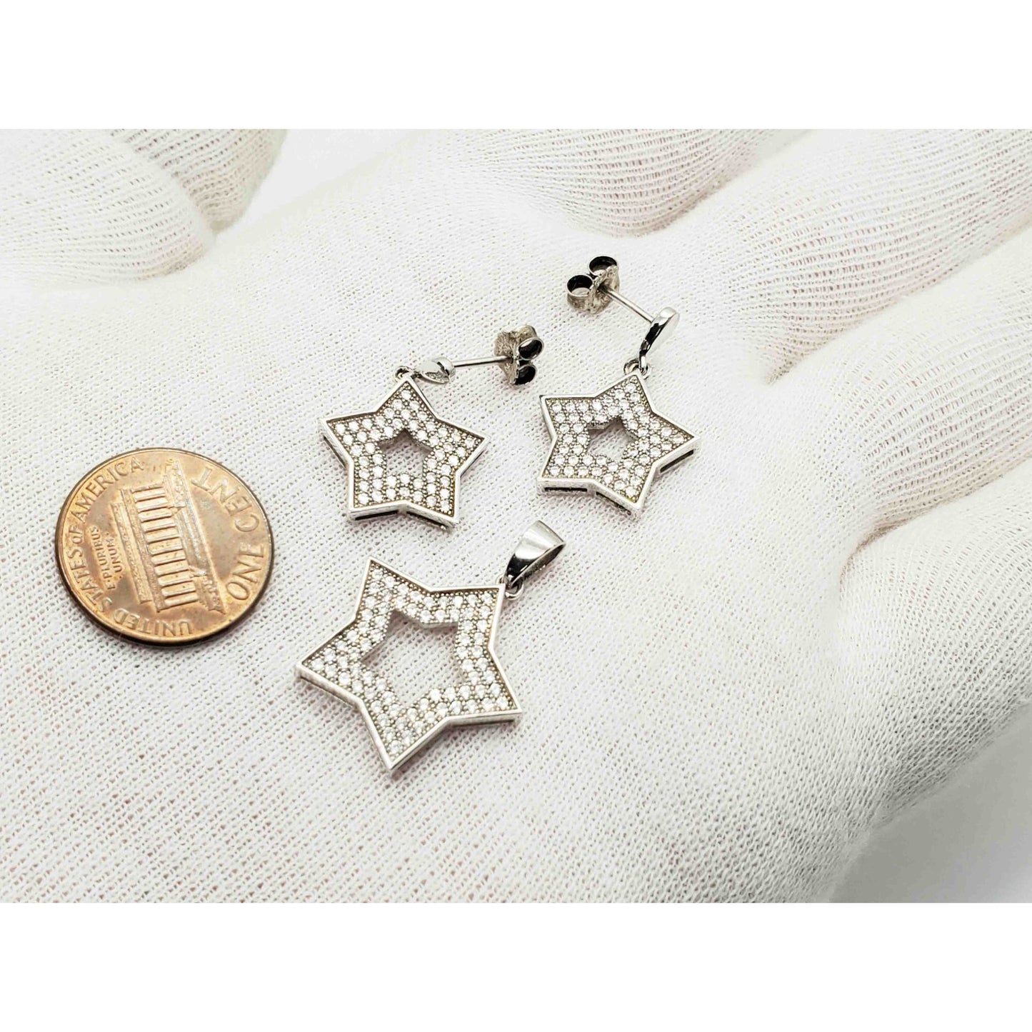 CZ Pave Open Star Drop Earrings & Pendant Set Sterling Silver