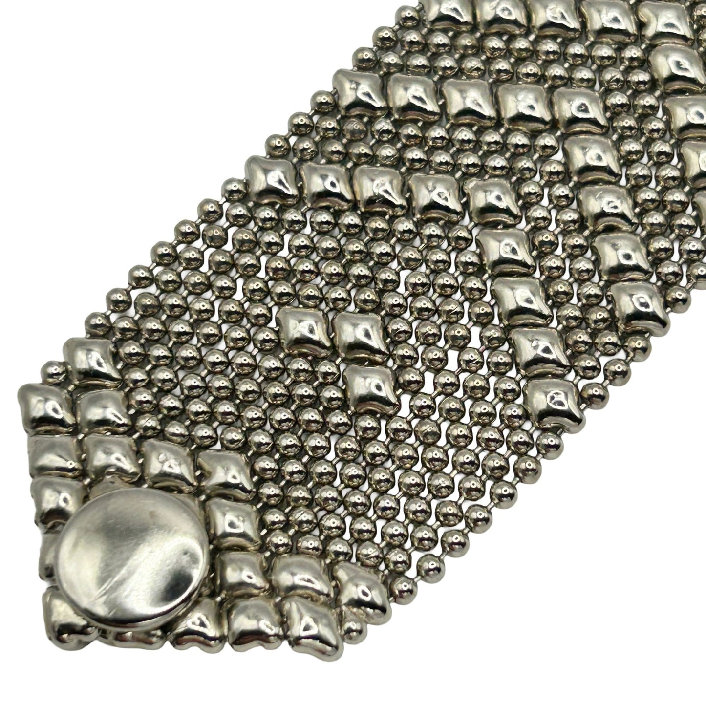 Silver Tone Liquid Metal Bracelet 1.5" Wide Mesh Style X Pattern 7" Skyler White