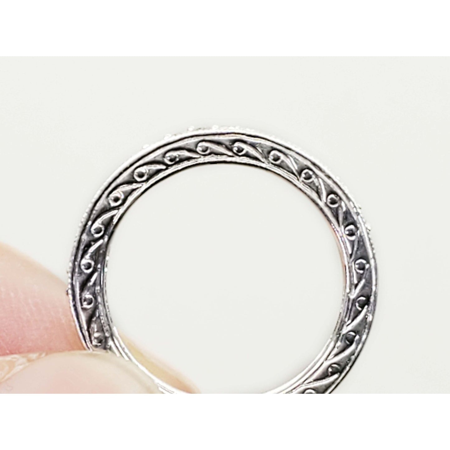 Natural Sapphire & Diamond Carved 3mm Band Ring 14k White Gold Size 7