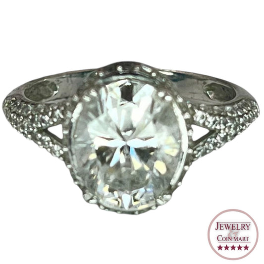 925 Sterling Silver Oval Cut Halo CZ Ring Size 7 Prong Set Engagement Bridal