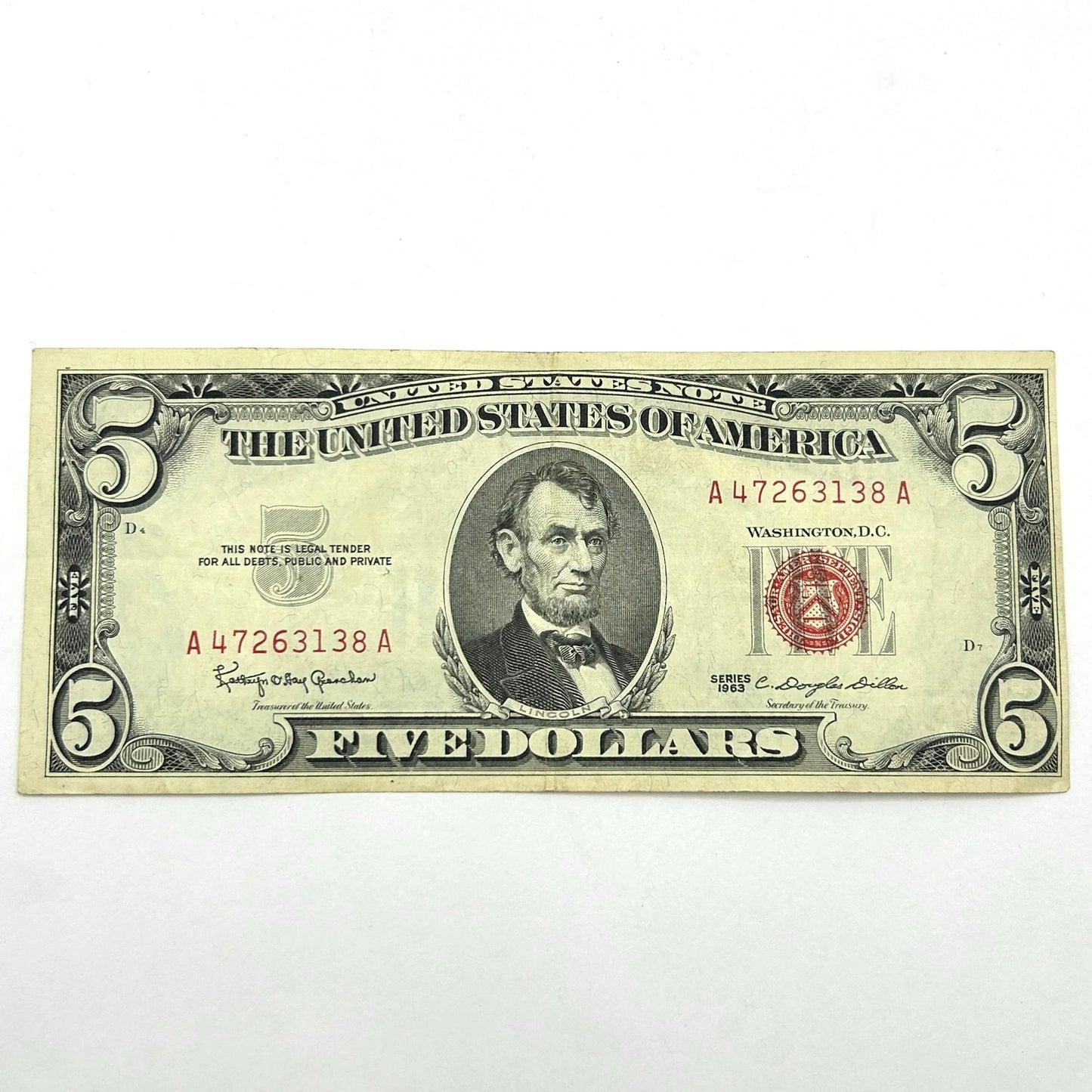 Series 1963 $5 Five Dollar United States Note Red Seal - A47263138A