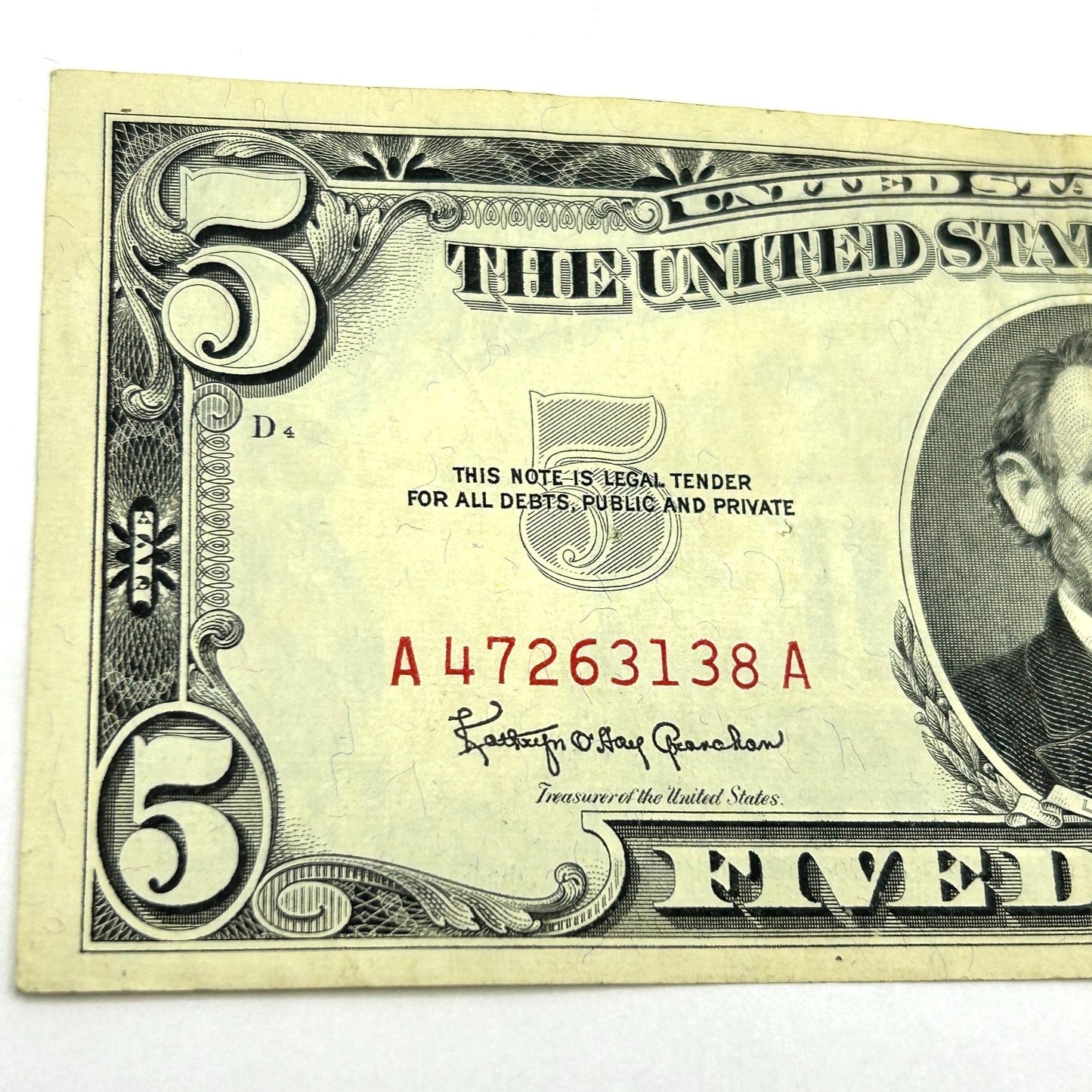 Series 1963 $5 Five Dollar United States Note Red Seal - A47263138A