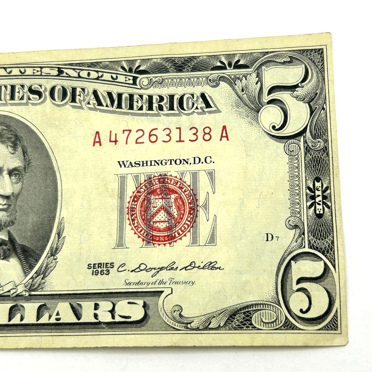 Series 1963 $5 Five Dollar United States Note Red Seal - A47263138A