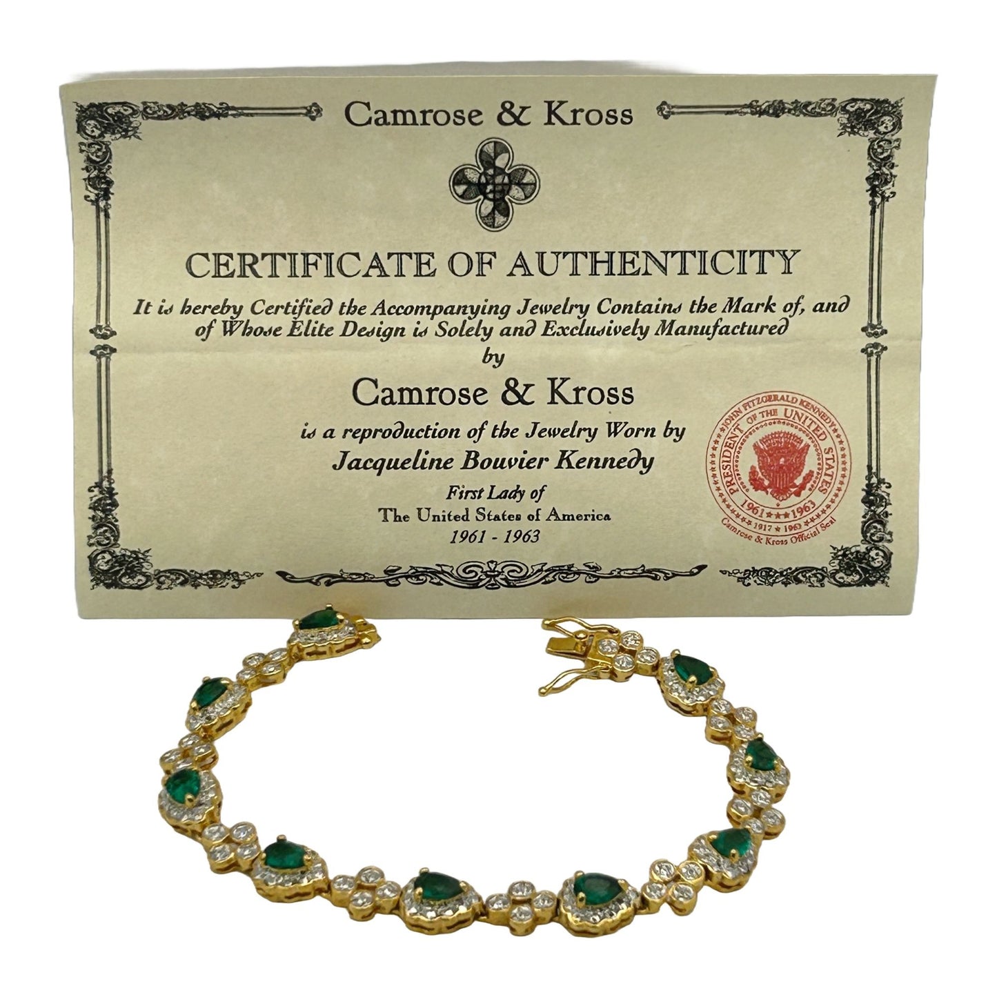 Camrose & Kross Jackie Kennedy JBK Replica Bracelet 7-8" Green/Clear Stones+COA
