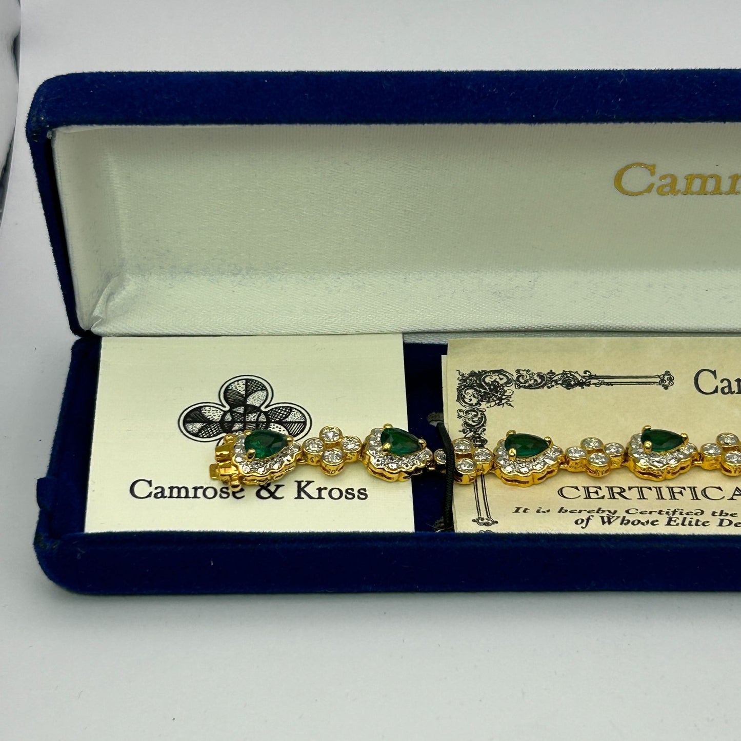 Camrose & Kross Jackie Kennedy JBK Replica Bracelet 7-8" Green/Clear Stones+COA