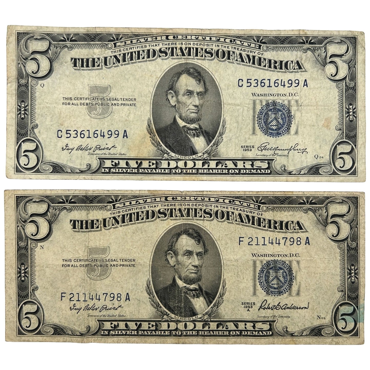 LOT OF 2 1953-A & 1953 Blue Seal FRN Banknotes Silver Certificates - Circulated