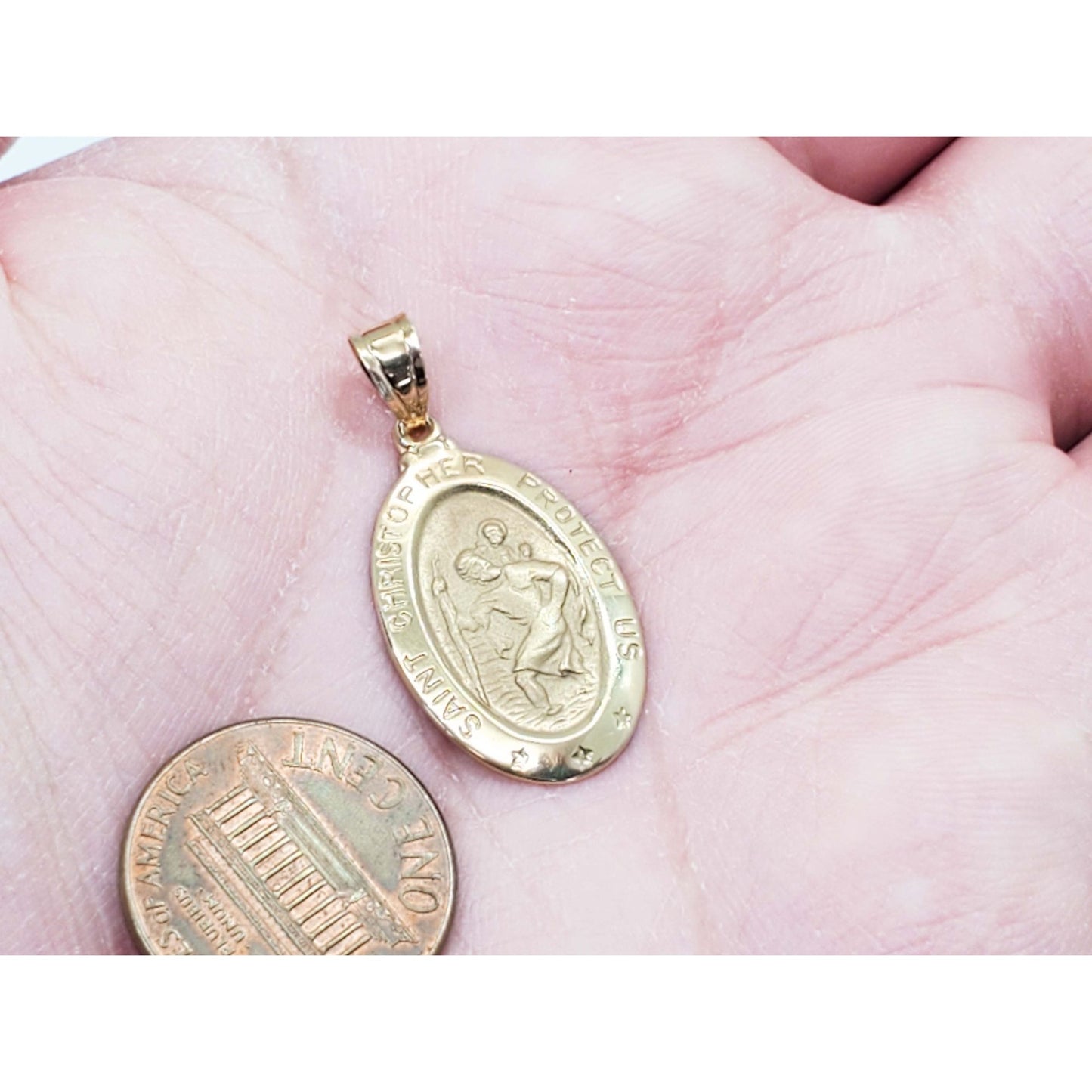 Saint Christopher Oval Good Luck Travel Charm Pendant 14k Gold