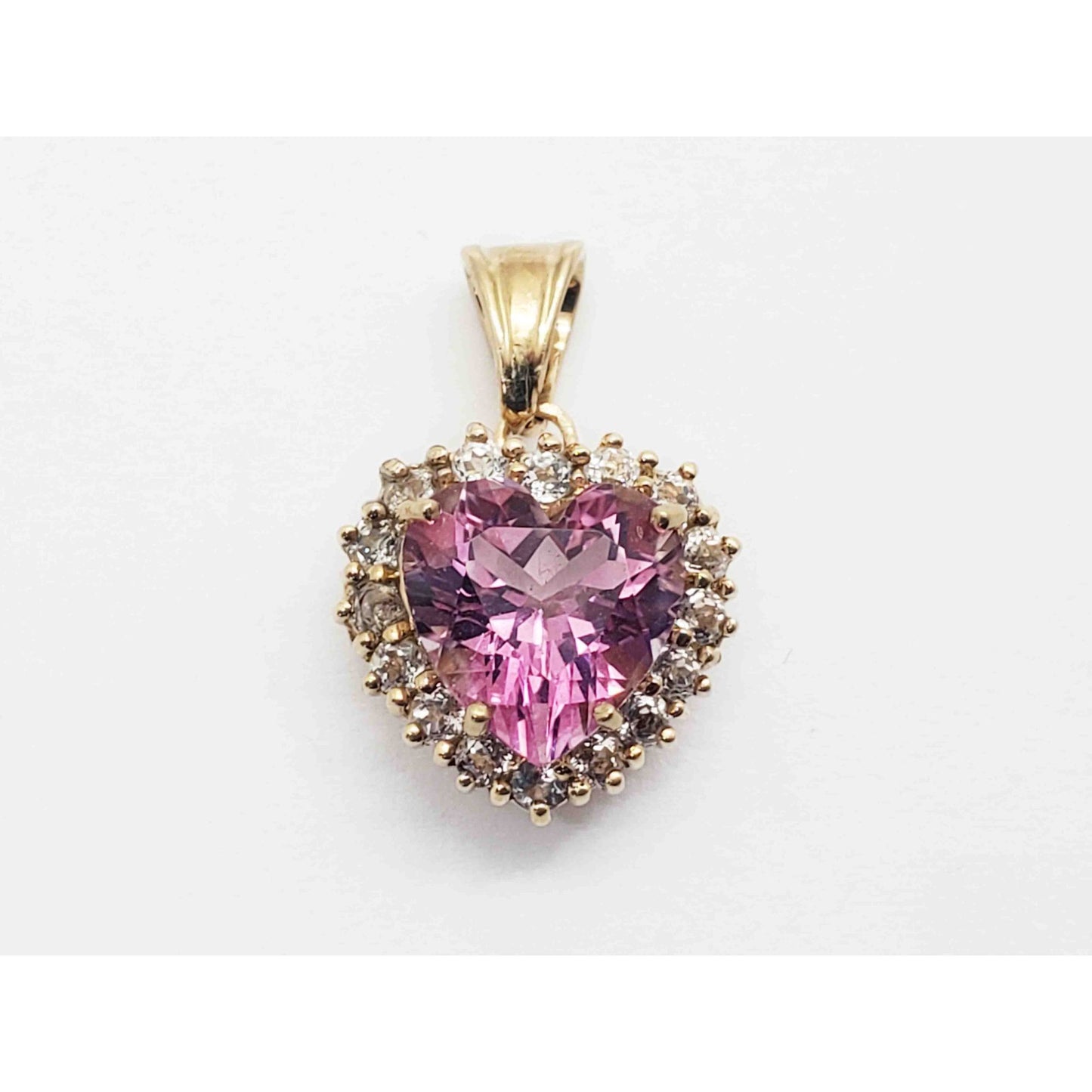 Pink Ice Heart & White Topaz Halo Charm Pendant 10k Gold