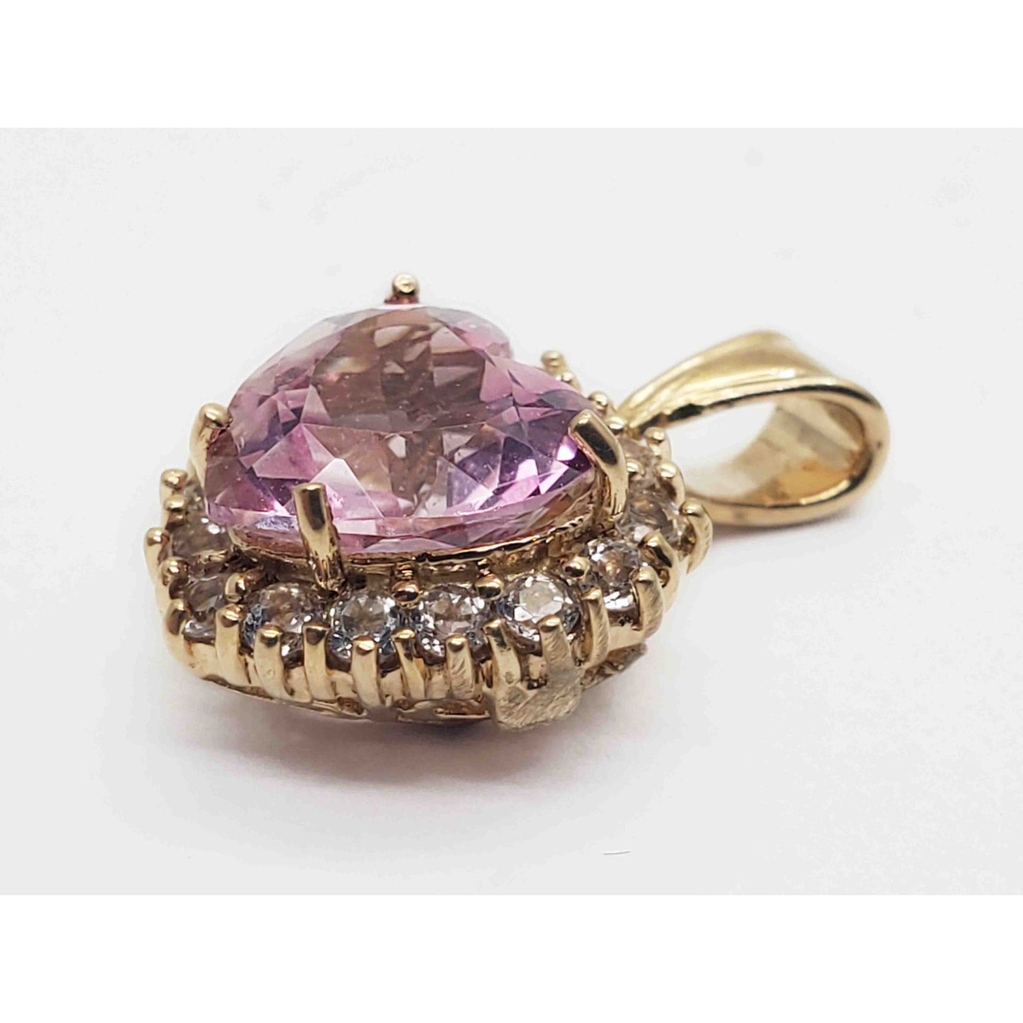 Pink Ice Heart & White Topaz Halo Charm Pendant 10k Gold