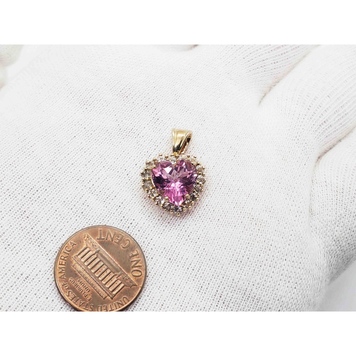 Pink Ice Heart & White Topaz Halo Charm Pendant 10k Gold