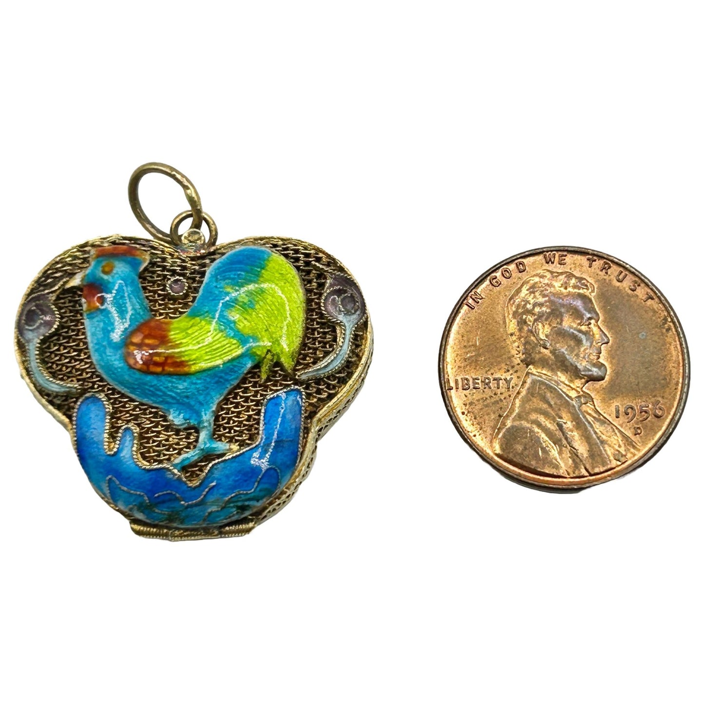 Antique Silver/Gold Vermeil Enamel Rooster Locket Pendant/Charm